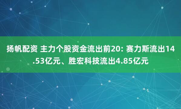 扬帆配资 主力个股资金流出前20: 赛力斯流出14.53亿元、胜宏科技流出4.85亿元